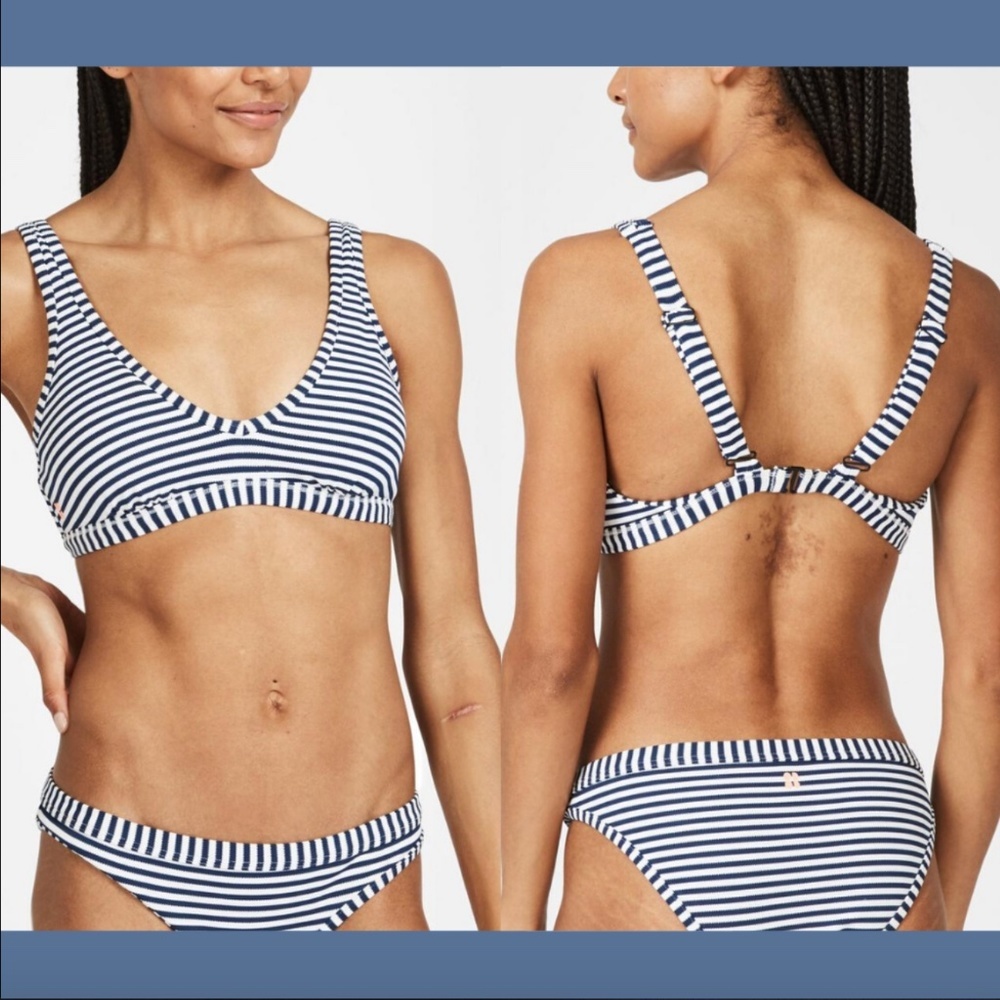 NEW $75‎ Sweaty Betty Retro Striped Bikini Top in Beetle Blue [SZ Large ]